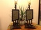 Designer table lamps. Black iron frame/inlaid stone carving