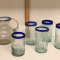 Blue Rimmed Hand Blown Glasses & Pitcher
