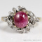 VINTAGE RUBY CABOCHON & DIAMOND TWO TONE GOLD DAINTY RING SIZE 6