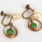 VINTAGE ASIAN 10K YELLOW GOLD PEARL & GREEN JADE DANGLE EARRINGS
